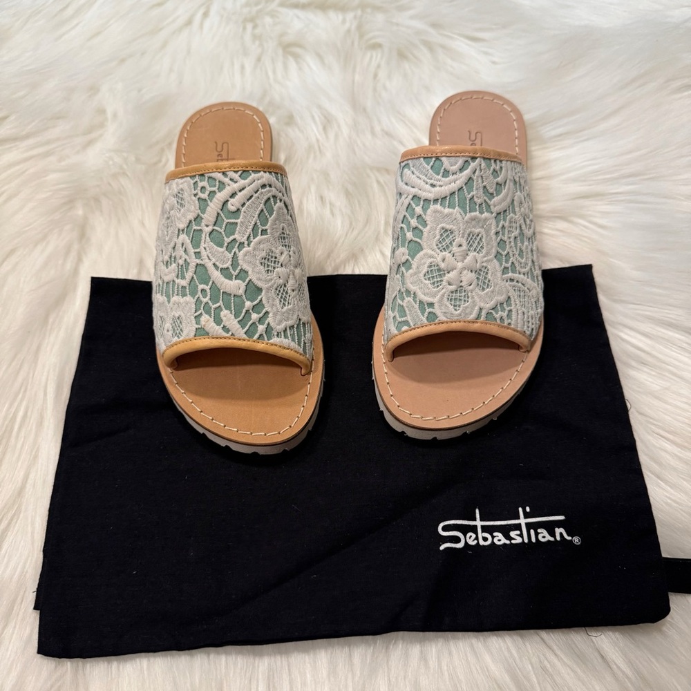 Sebastian Milano Lace Slide Sandals Seafoam Floral Size EU 35 (US 5)